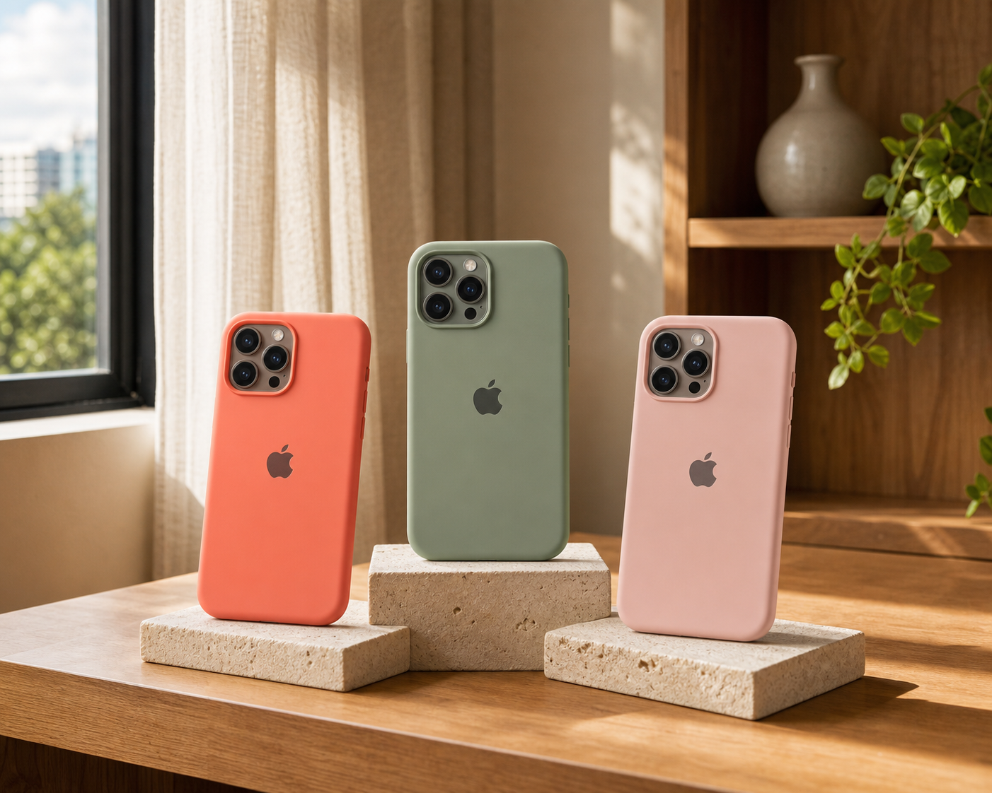 Coral, sage, and blush iPhone cases arranged in a warm sunlit apartment