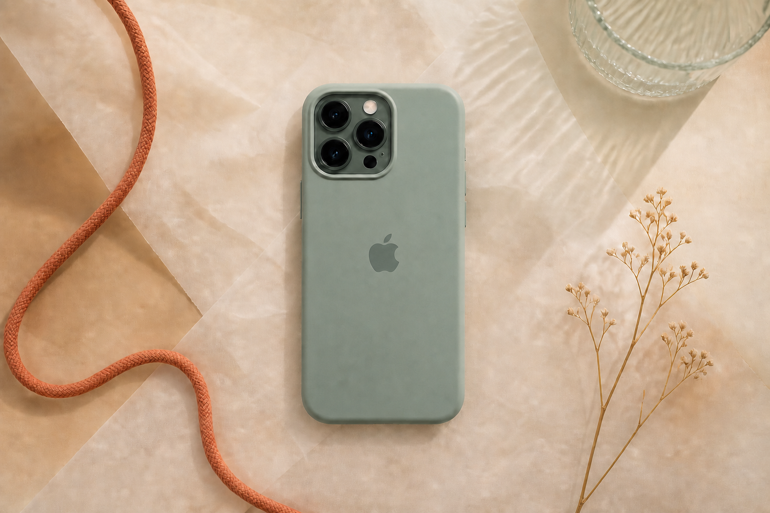 A sage phone case carefully wrapped in translucent paper
