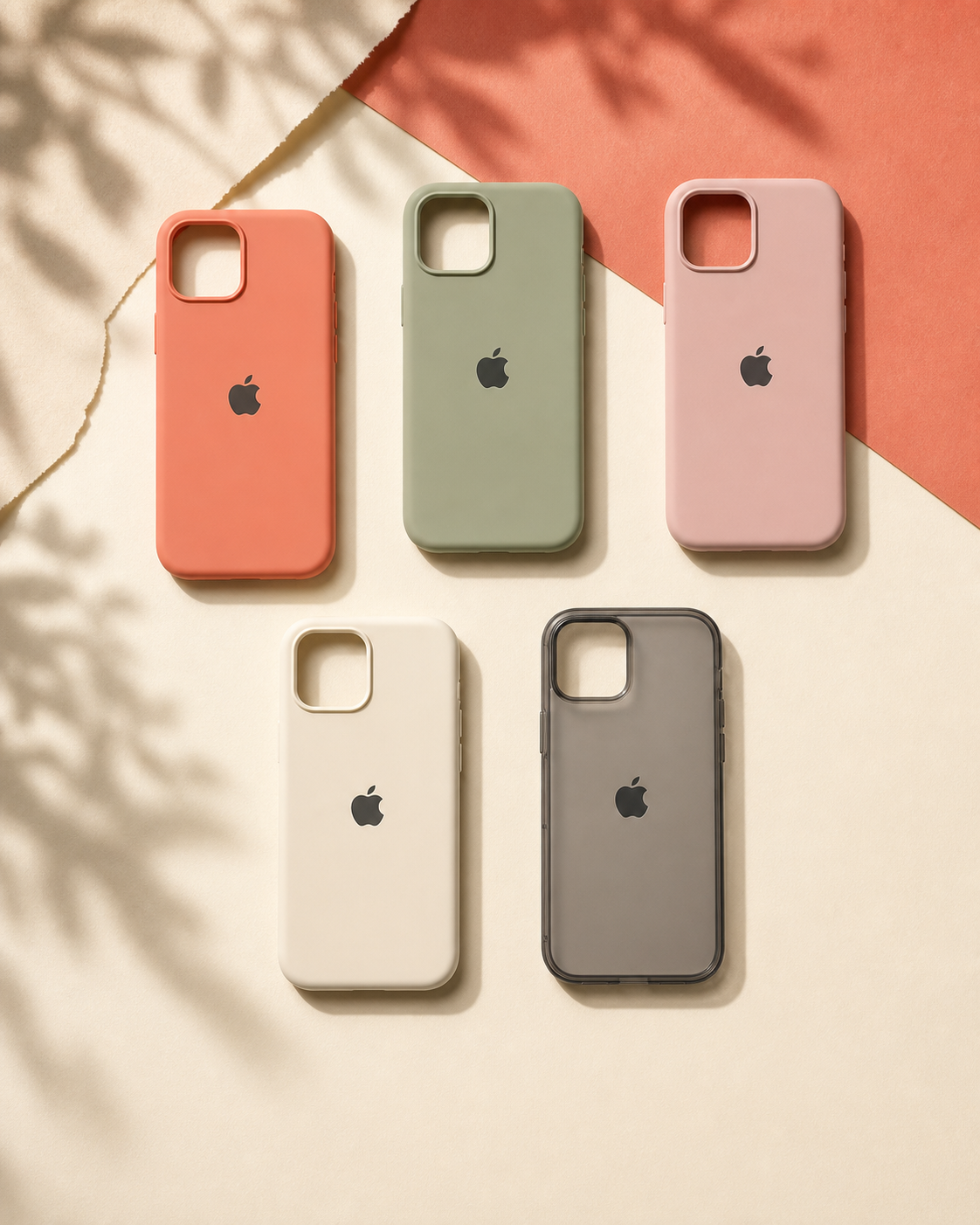 Five Apple phone cases arranged on warm cream and coral surfaces
