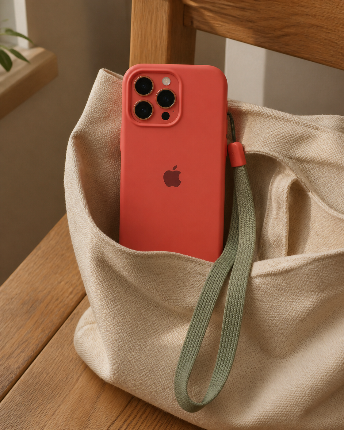 A coral Apple phone case with a sage wrist strap resting inside a canvas tote