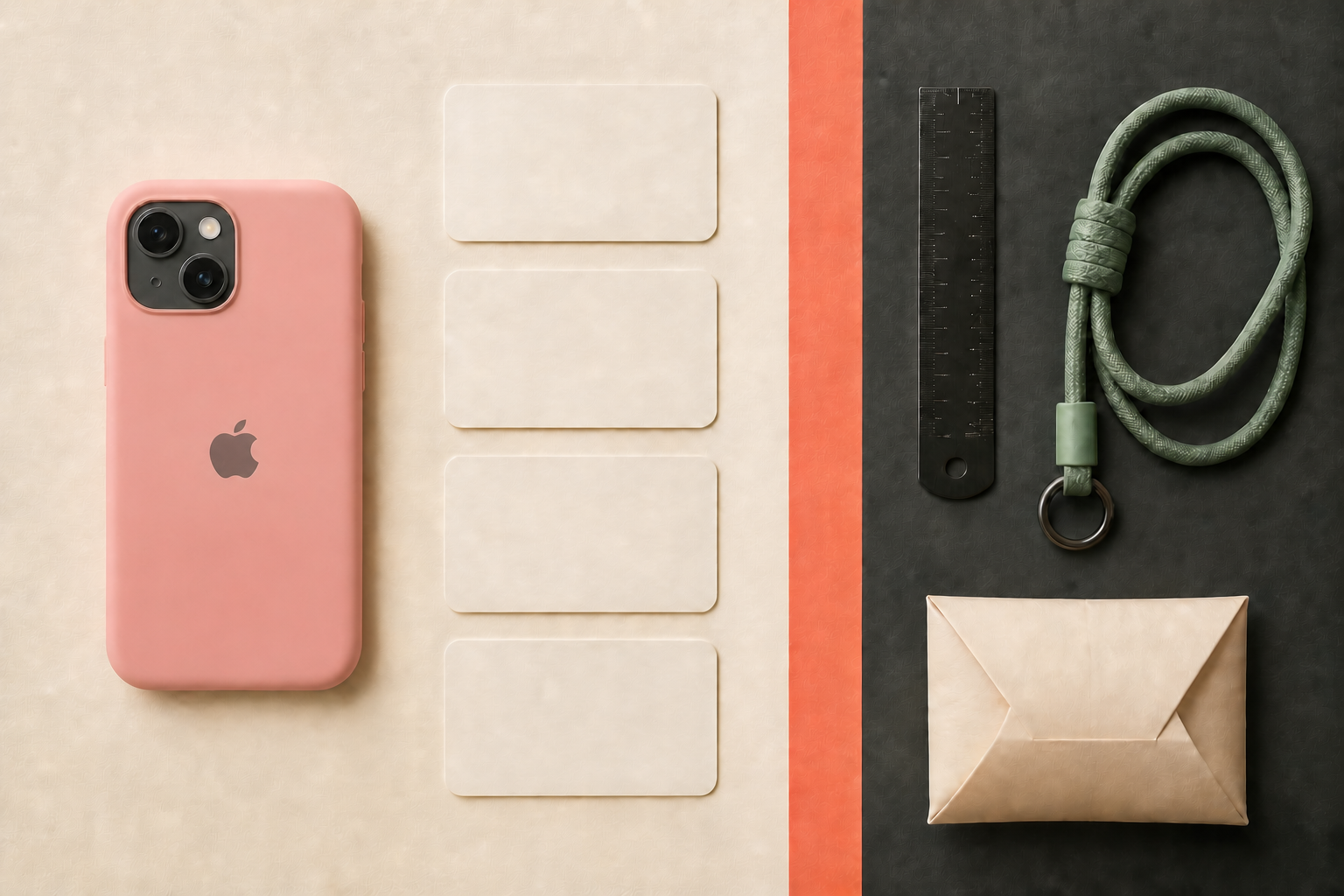 A structured arrangement of a phone case, blank cards, ruler, strap, and package