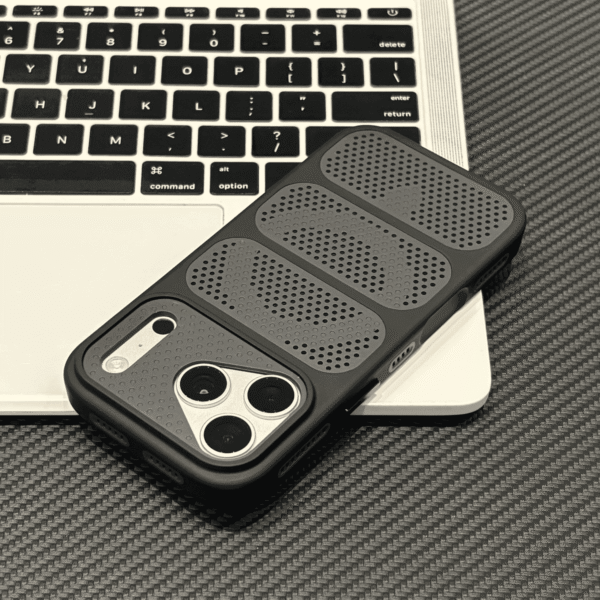 Black perforated magnetic iPhone case with contrasting edges